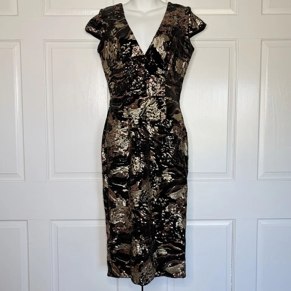 Dress the Population Black Gold Sequin Velvet V-Neck Cap Sleeve Sheath Midi Glam - Picture 2 of 12